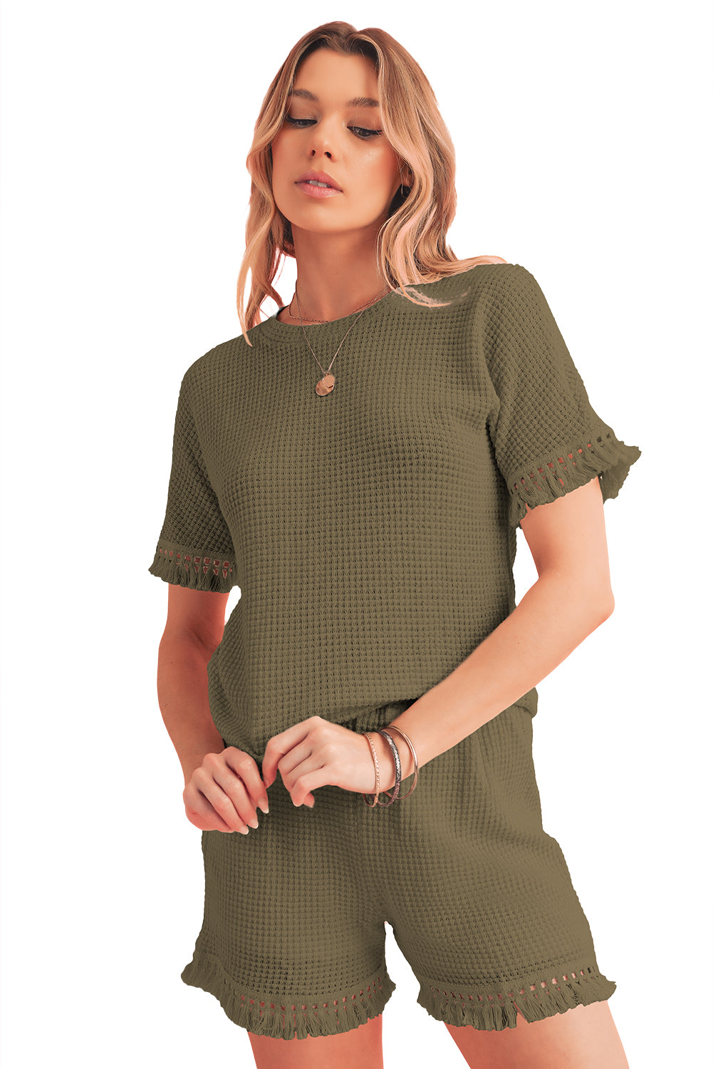 Beige Fringe Trim Waffle Knit Textured Shorts Set - Cowaa