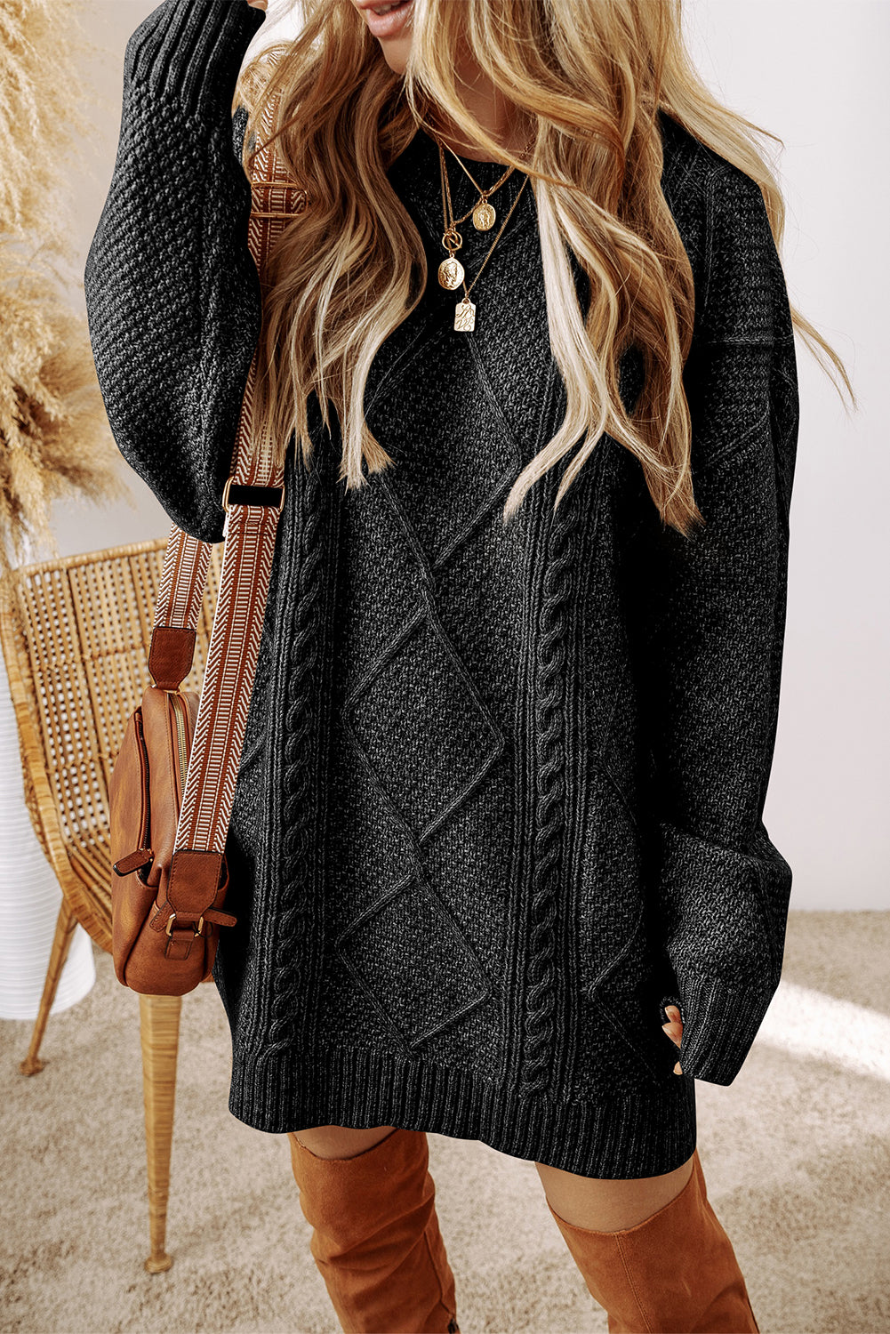 Knit Loose Fit Sweater Dress - Cowaa
