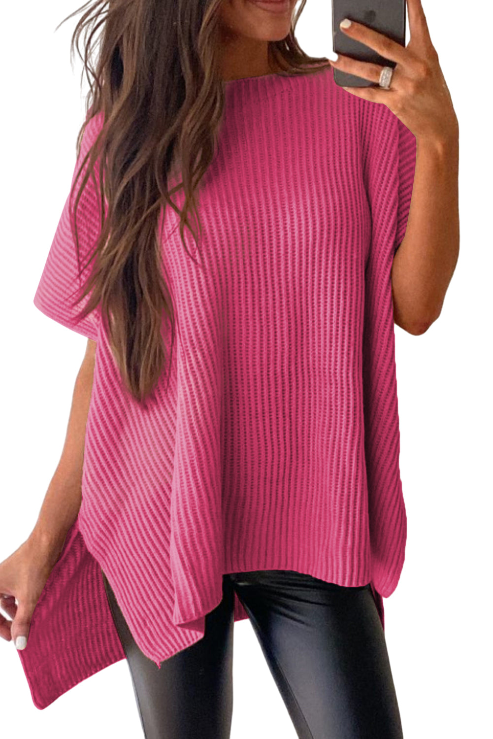 Rose Red Side Slit Short Sleeve Oversized Sweater - Cowaa