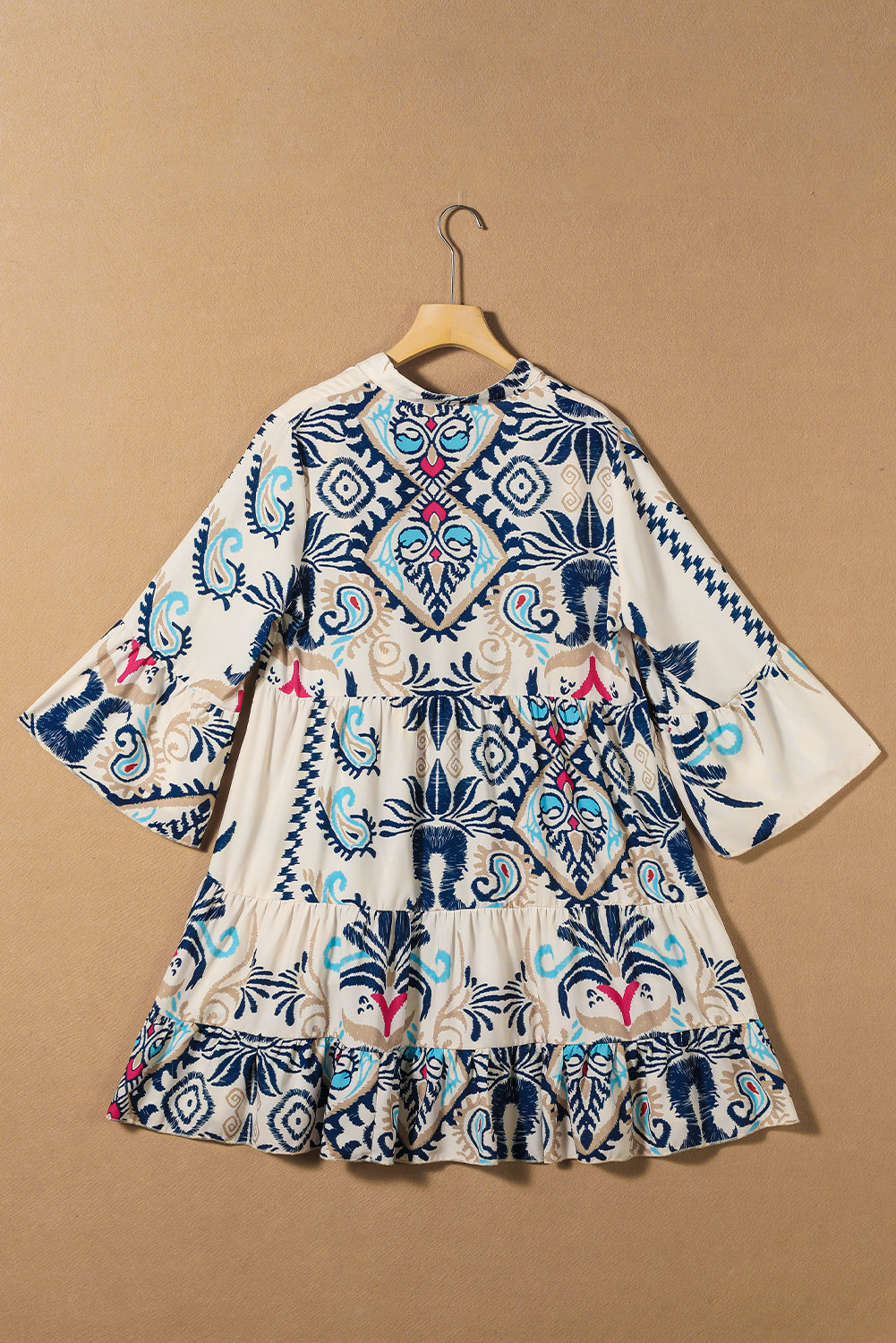 White Ethnic Print Boho Button Tiered Mini Dress - Cowaa