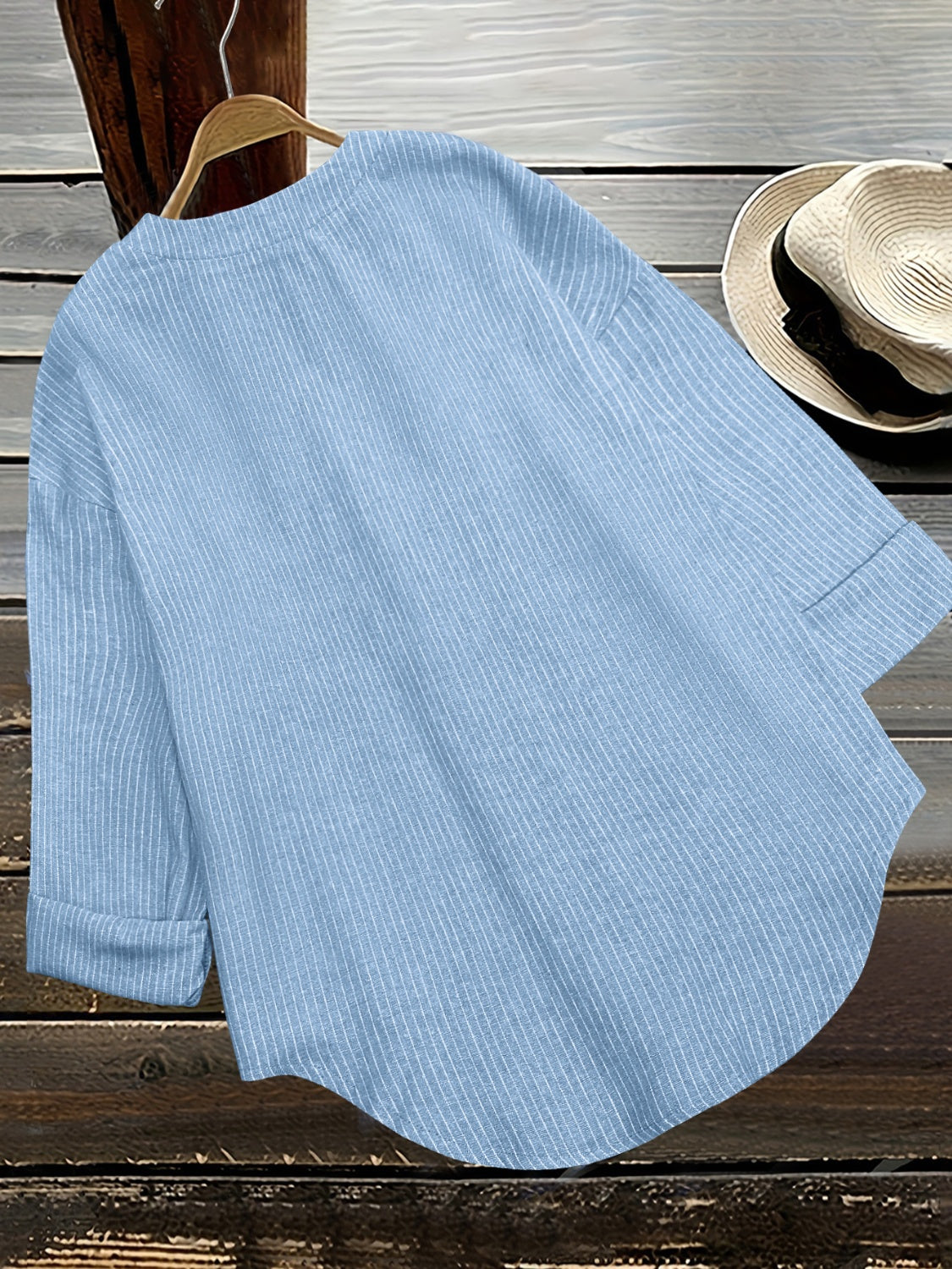 Striped Notched Long Sleeve Blouse - Cowaa