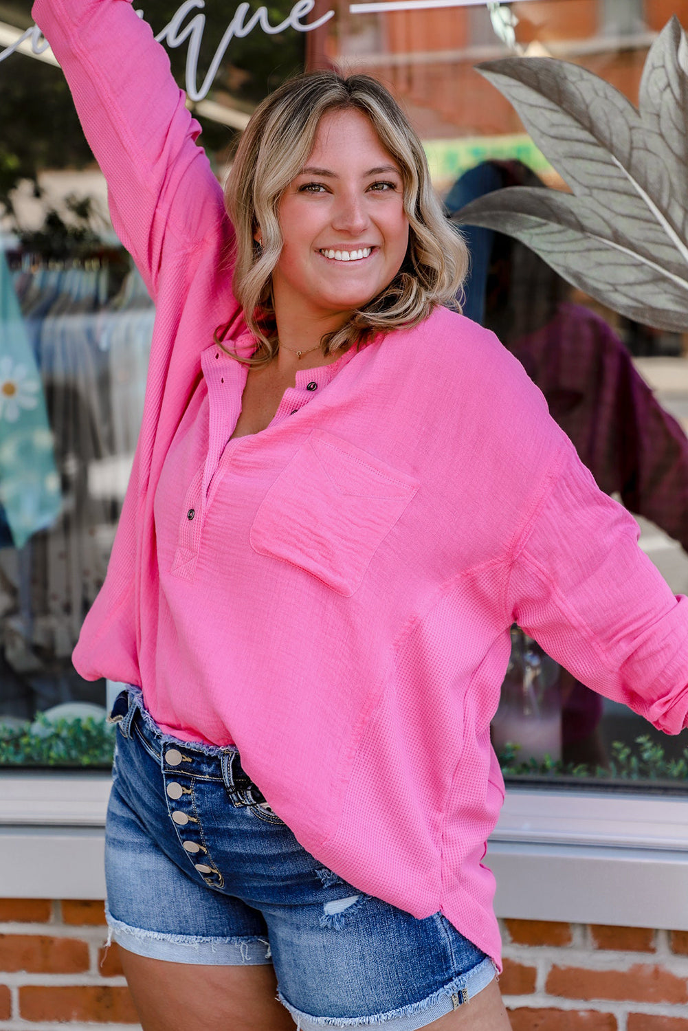 Bonbon Half Buttons Chest Pocket Drop Sleeve Plus Size Top - Cowaa