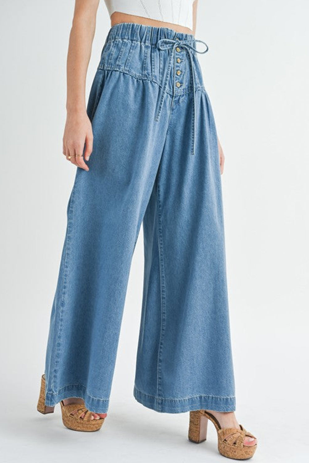 Dusk Blue Mineral Wash Button High Waist Wide Leg Jeans - Cowaa