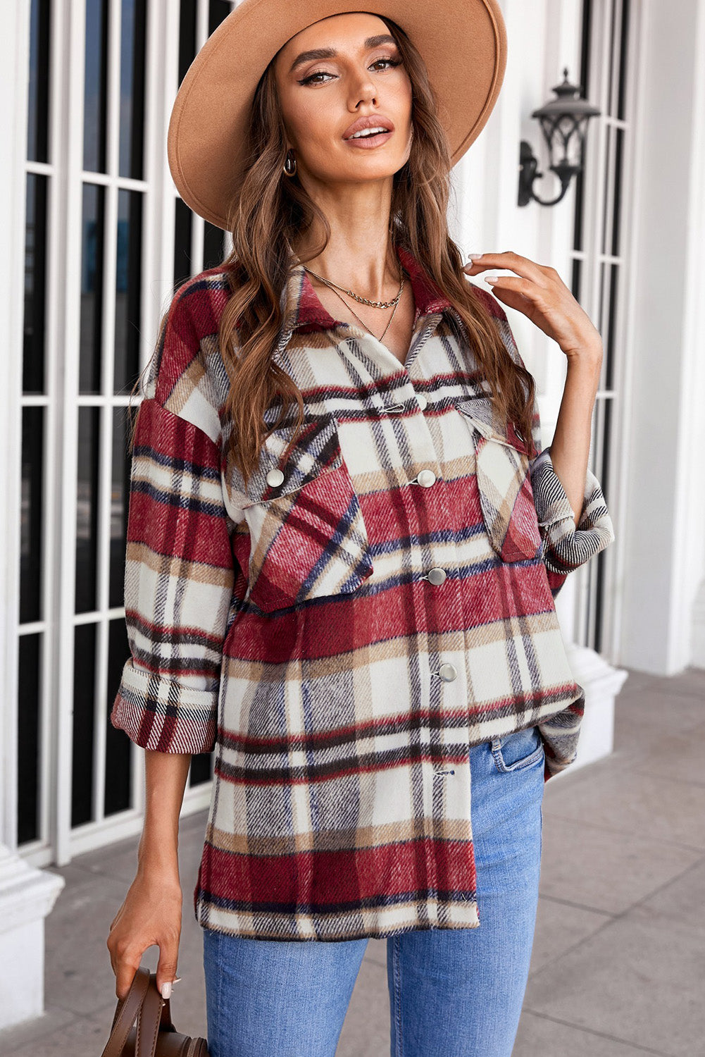 Plaid Button Front Pocket Shirt Shacket - Cowaa