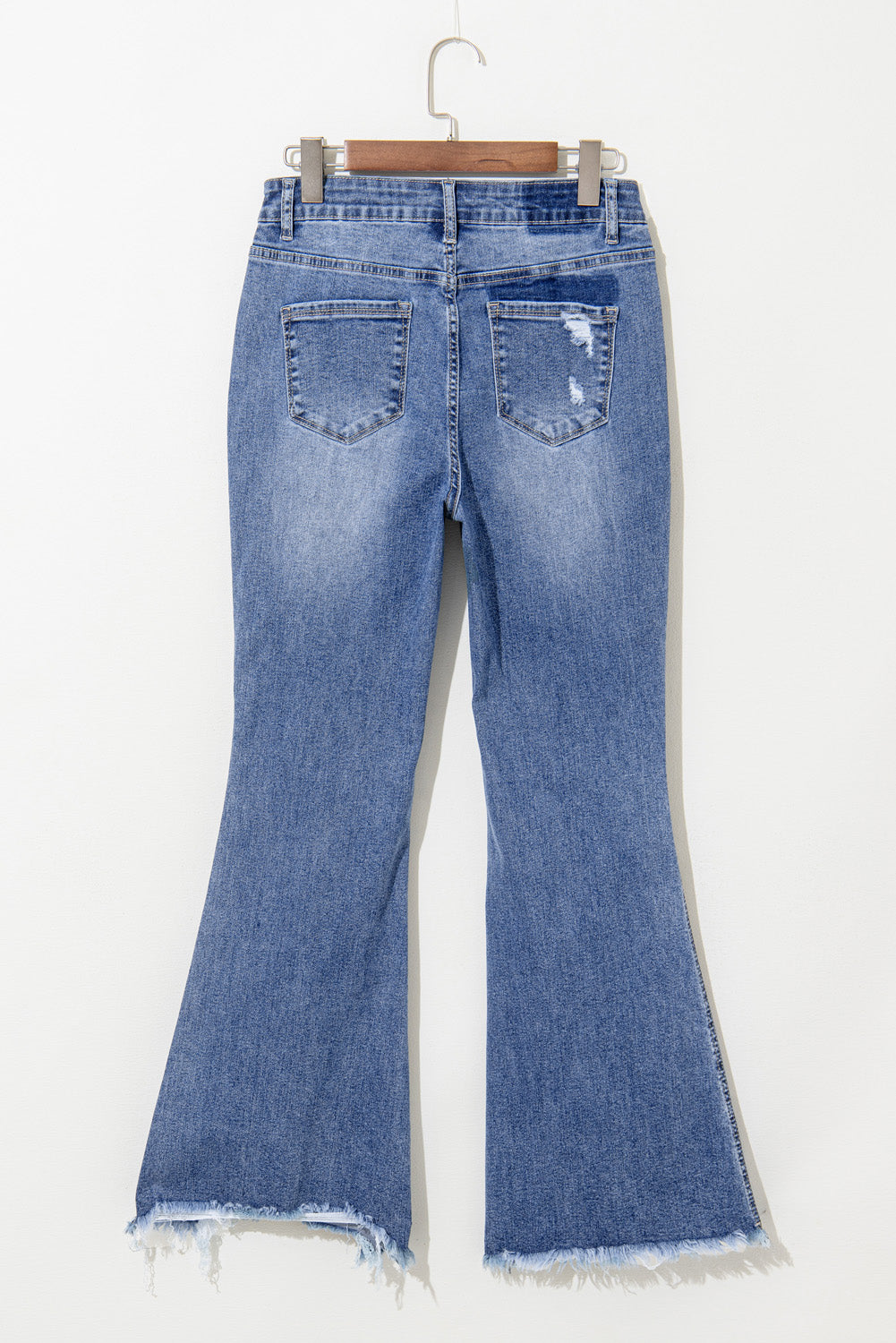 Dusk Blue High Rise Ripped Distressed Hem Flared Jeans - Cowaa