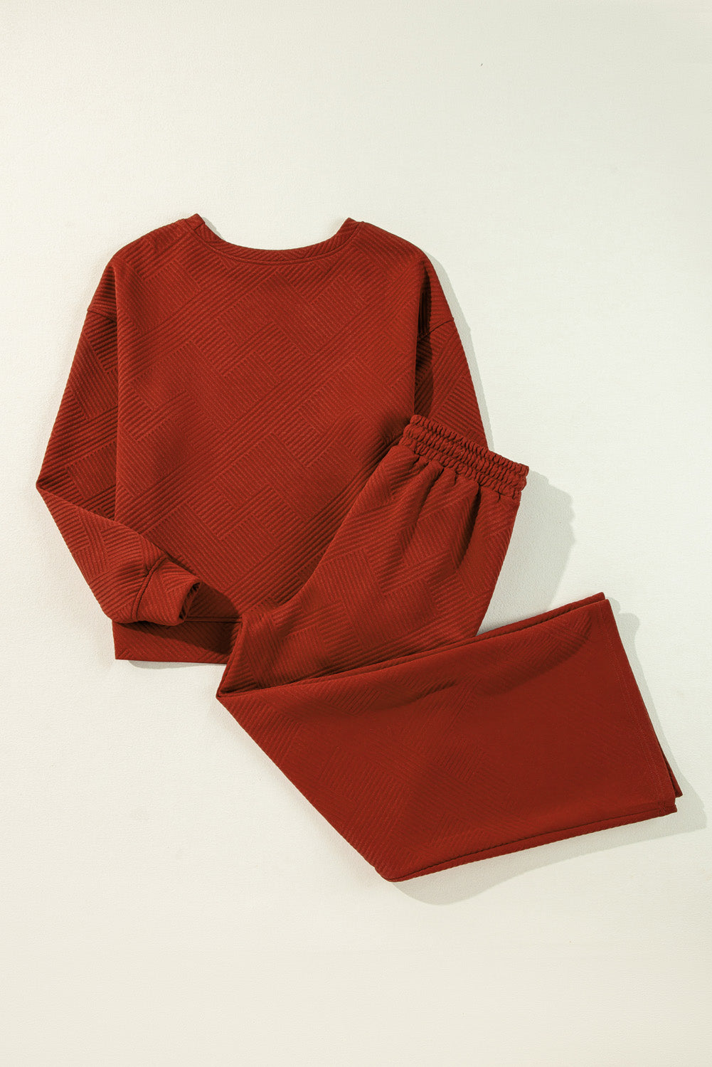 Strawberry Pink Textured Loose Slouchy Long Sleeve Top and Pants Set - Cowaa