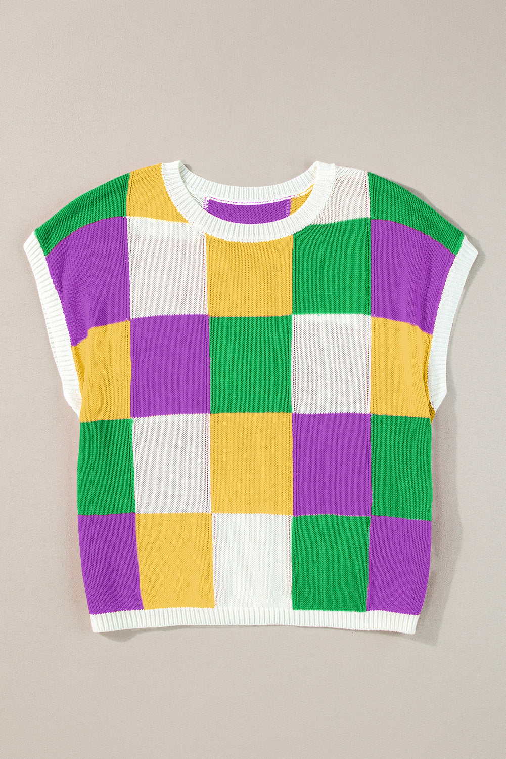 Fiery Red Checkered Color Block Cap Sleeve Knitted Top - Cowaa