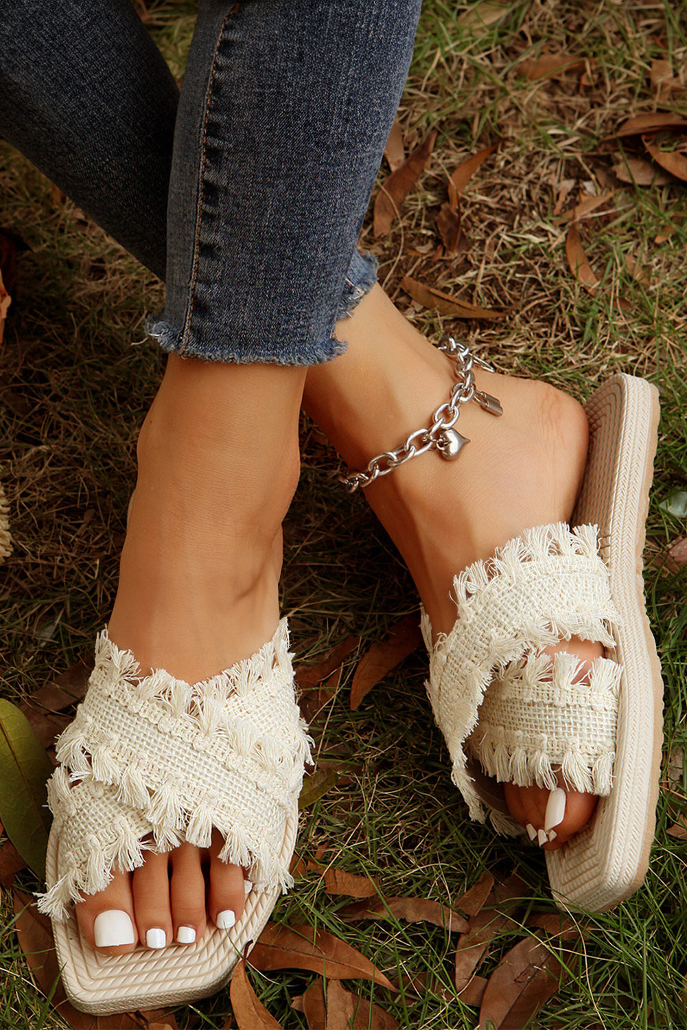 Beige Tassel Woven Crossed Straps Flat Sandels - Cowaa