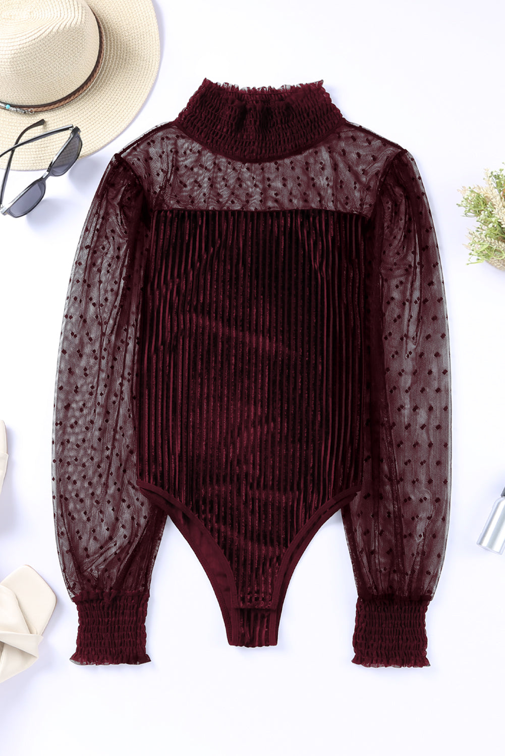 Sheer Dotty Puff Sleeve Ribbed Velvet Bodysuit - Cowaa