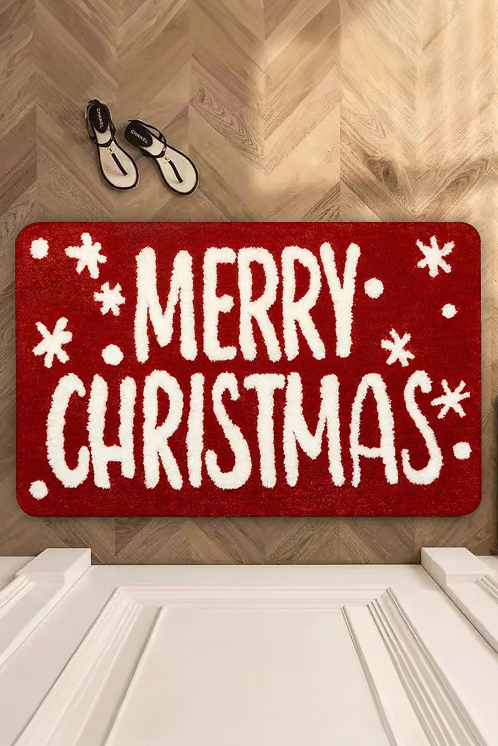 Fiery Red MERRY CHRISTMAS Plush Entrance Mat