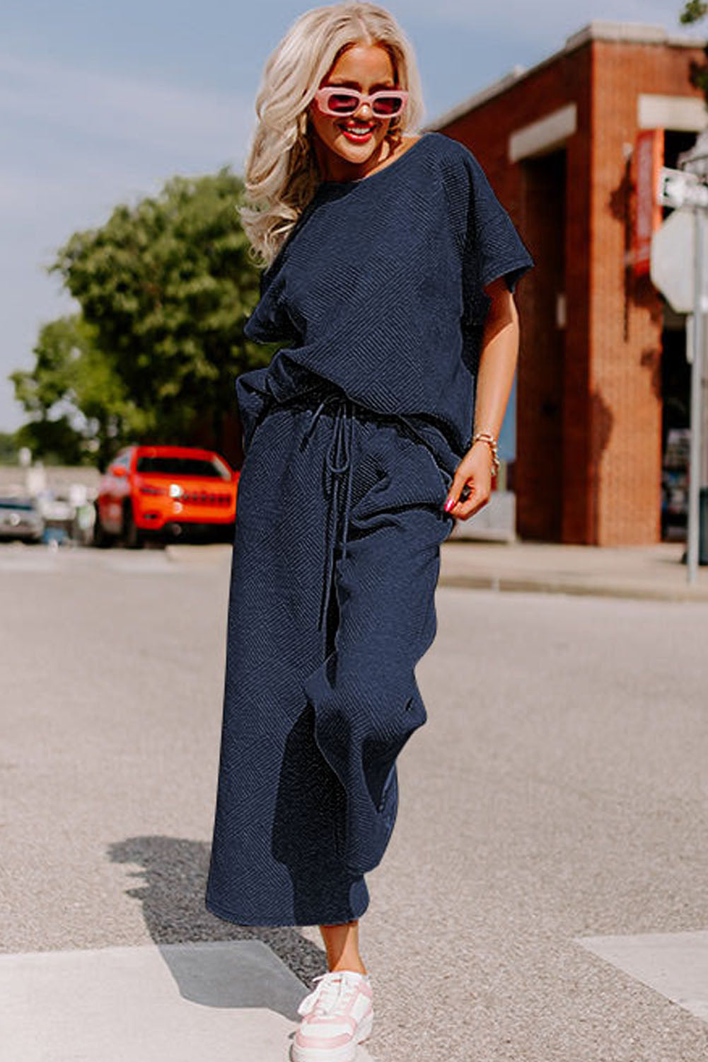 Navy Blue Textured Loose Fit T Shirt and Drawstring Pants Set - Cowaa