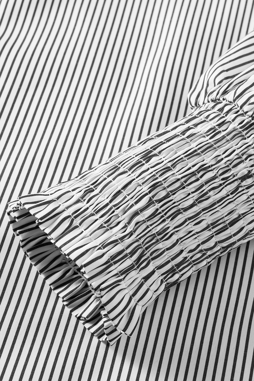 Black Striped Casual Shirred Cuffs Shirt - Cowaa