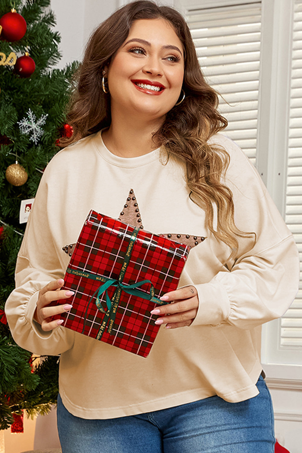 Beige Star Shape Studded Crew Neck Plus Size T Shirt - Cowaa