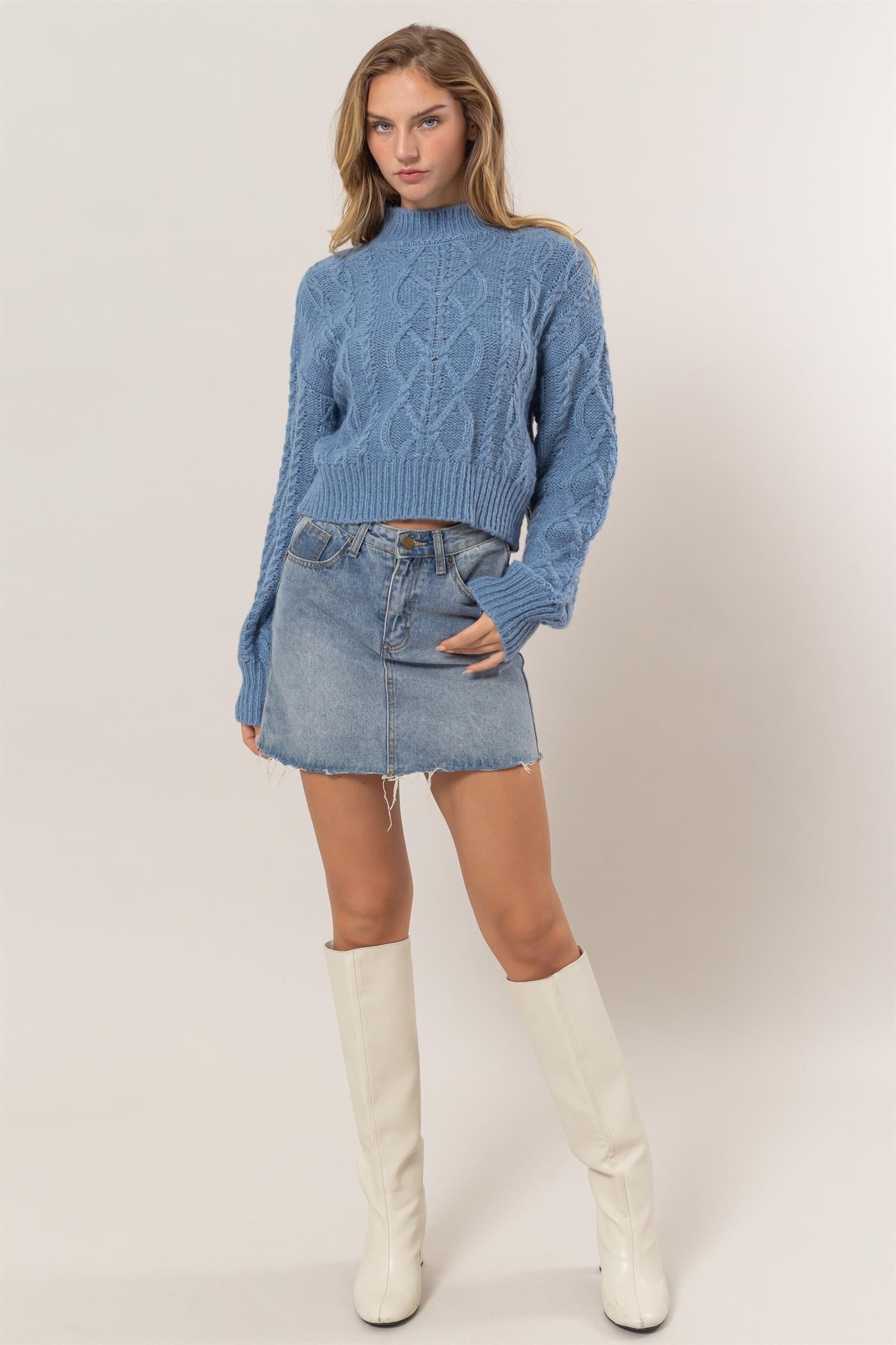 Blue Cable-Knit Mock Neck Dropped Shoulder Sweater