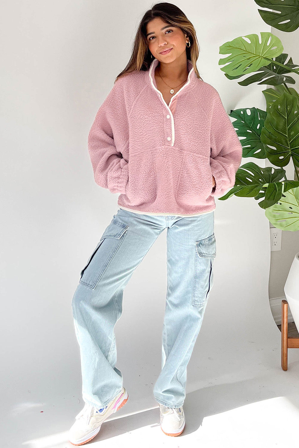 Fushia High Collar Long Sleeve Pullover Sweatshirt - Cowaa