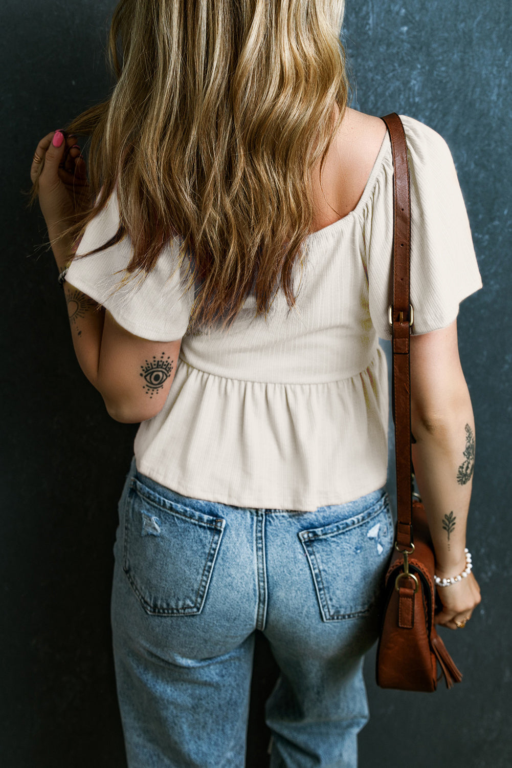 Oatmeal Shirred V Neck Short Flutter Sleeve Textured Blouse - Cowaa