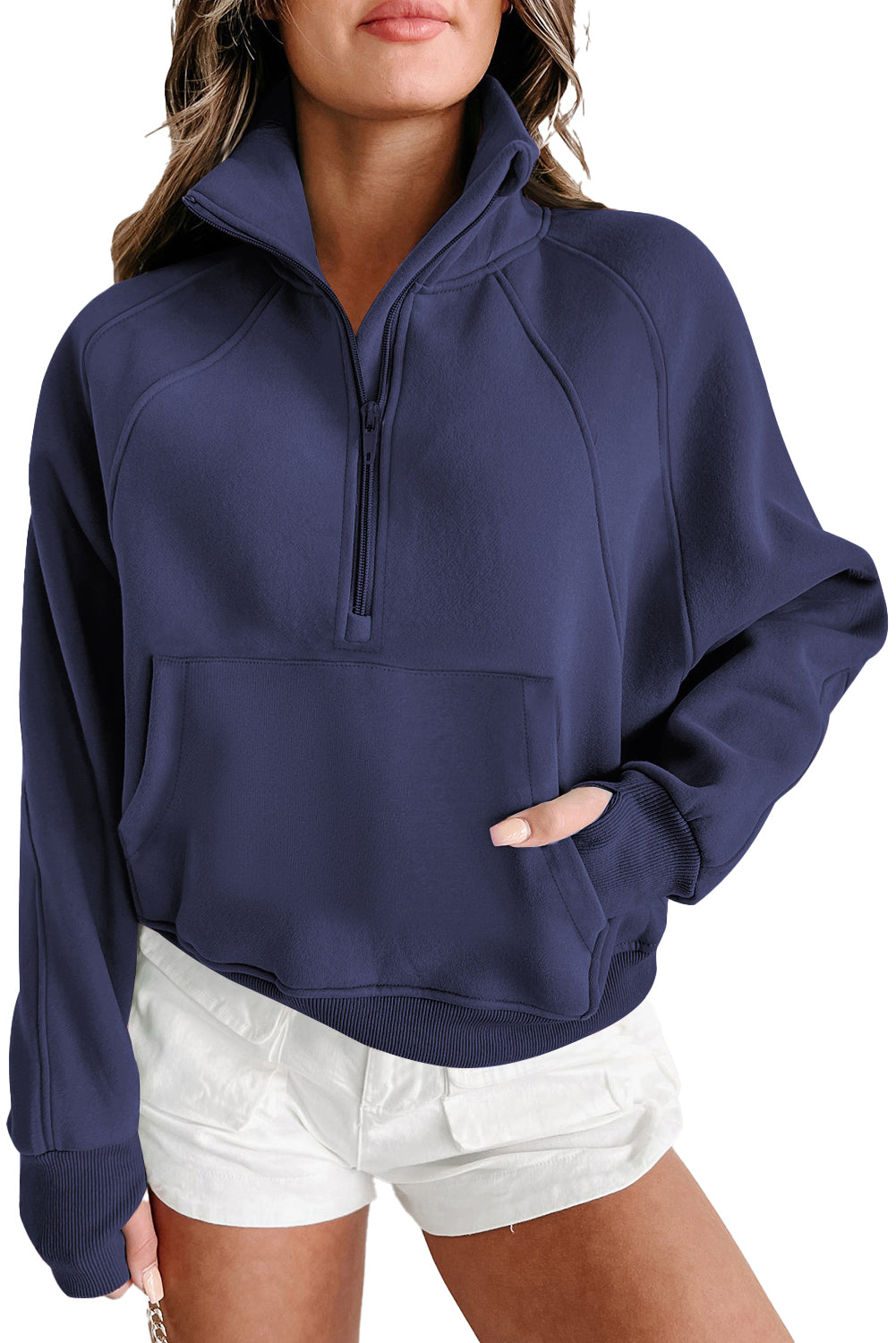 Brown Zip Up Stand Collar Thumbhole Sleeve Sweatshirt - Cowaa