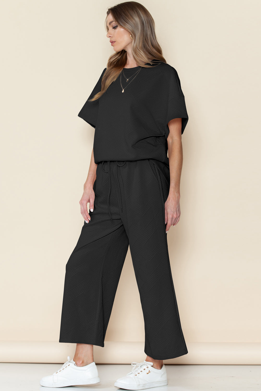 Navy Blue Textured Loose Fit T Shirt and Drawstring Pants Set - Cowaa