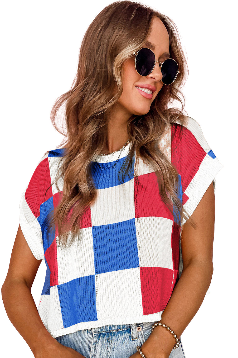 Fiery Red Checkered Color Block Cap Sleeve Knitted Top - Cowaa