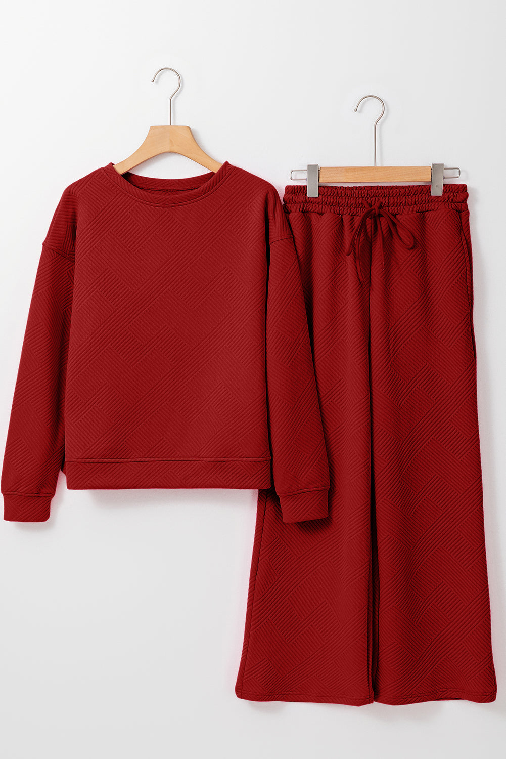 Strawberry Pink Textured Loose Slouchy Long Sleeve Top and Pants Set - Cowaa