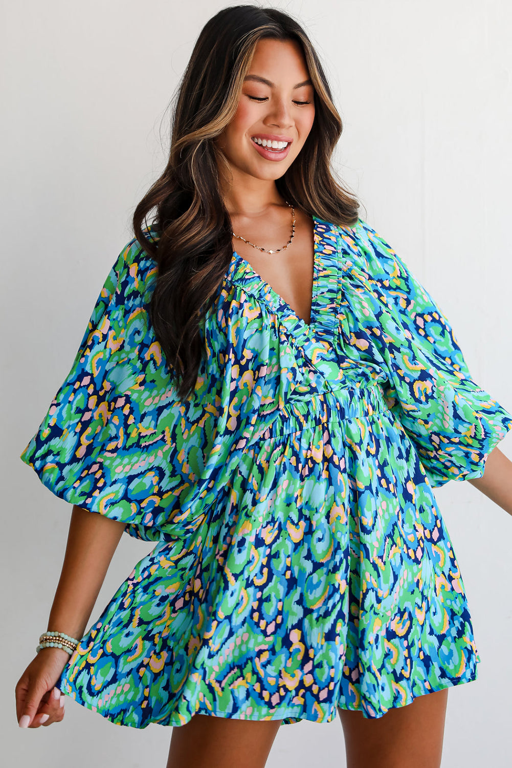 Abstract Print Dolman Sleeve V Neck High Waist Romper