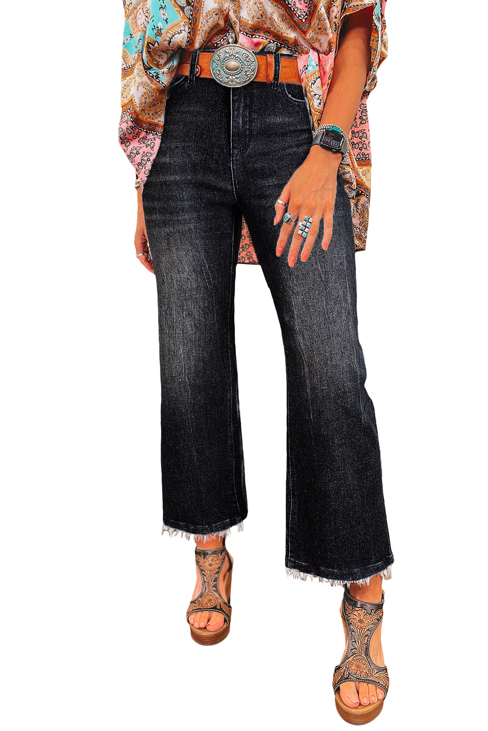 Sail Blue Mineral Wash Raw Hem High Waist Flared Jeans - Cowaa