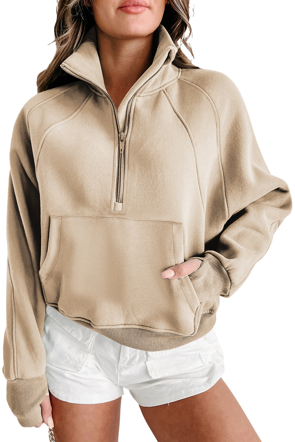 Brown Zip Up Stand Collar Thumbhole Sleeve Sweatshirt - Cowaa