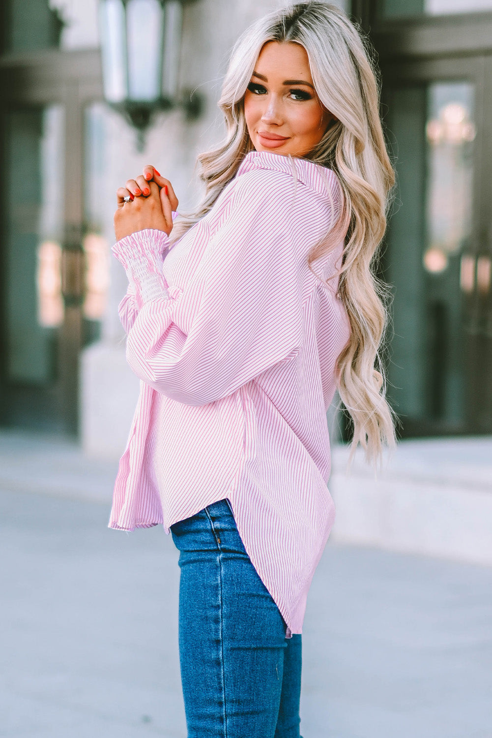 Black Striped Casual Shirred Cuffs Shirt - Cowaa