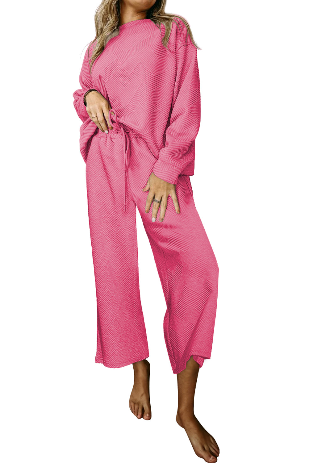 Strawberry Pink Textured Loose Slouchy Long Sleeve Top and Pants Set - Cowaa