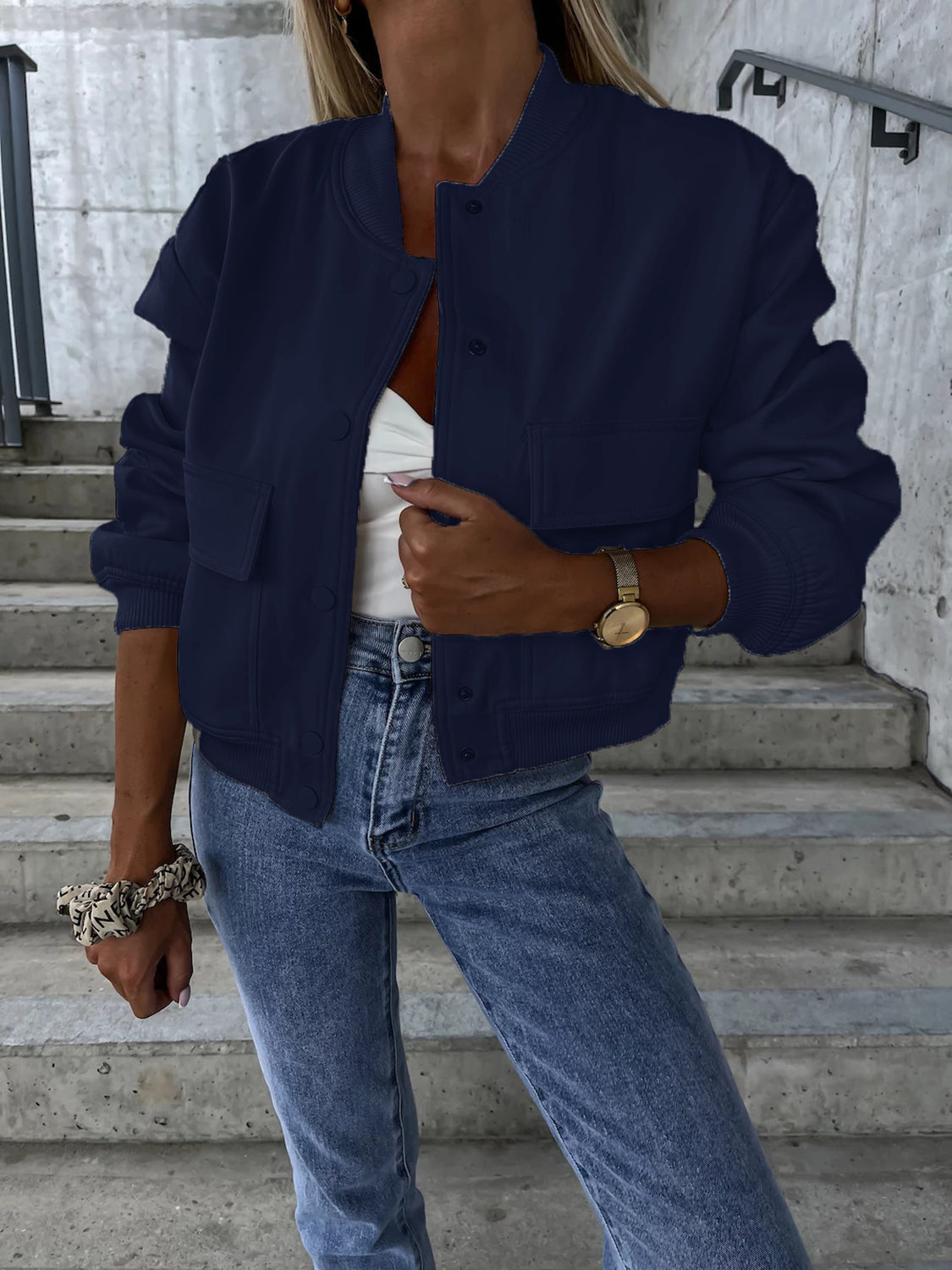 Baseball Collar Dropped Shoulder Jacket - Cowaa