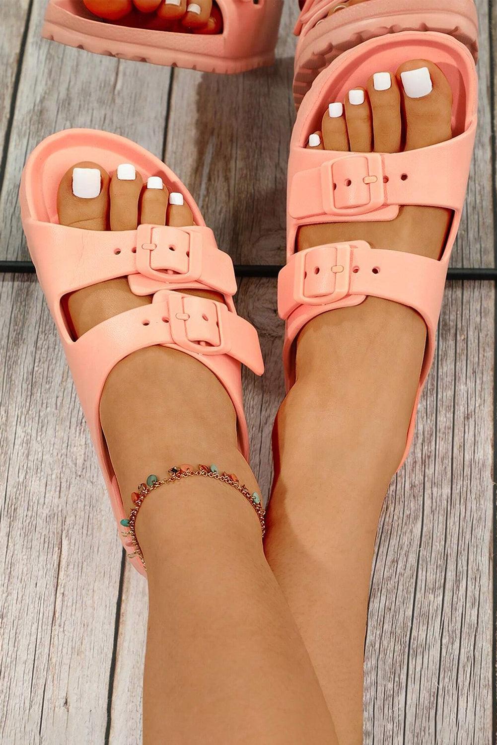 Double Buckle Strap Flat Sandels - Cowaa