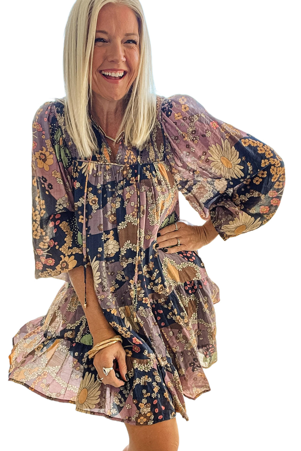 Purple Boho Floral Print Puff Sleeve Flowy Mini Dress - Cowaa