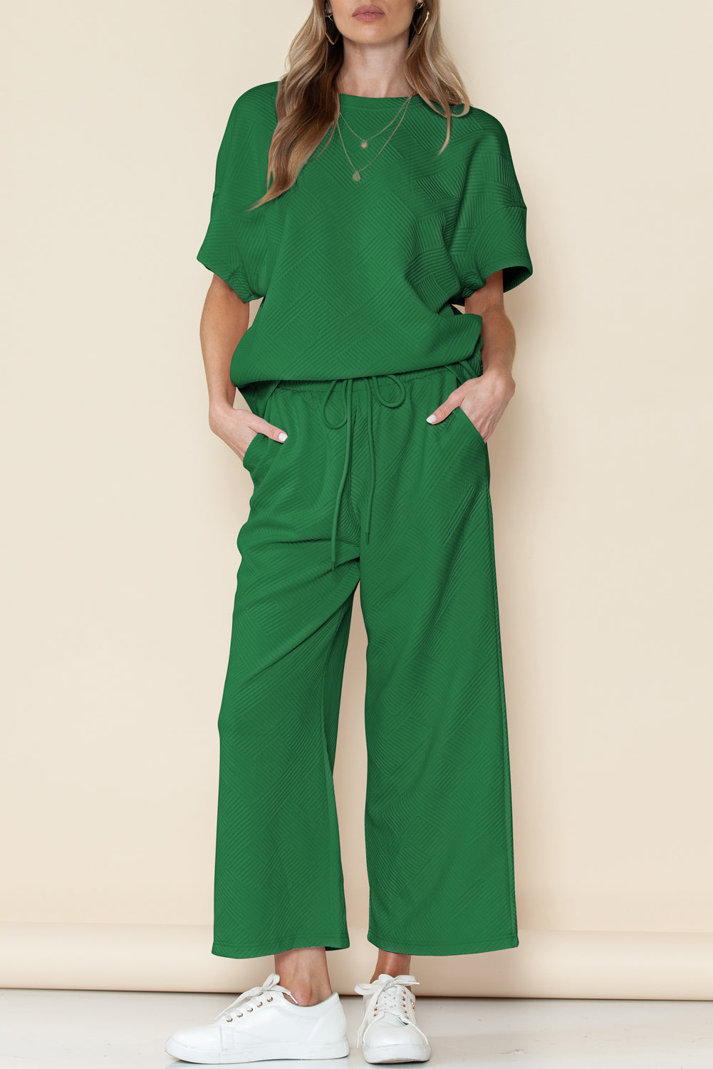 Navy Blue Textured Loose Fit T Shirt and Drawstring Pants Set - Cowaa