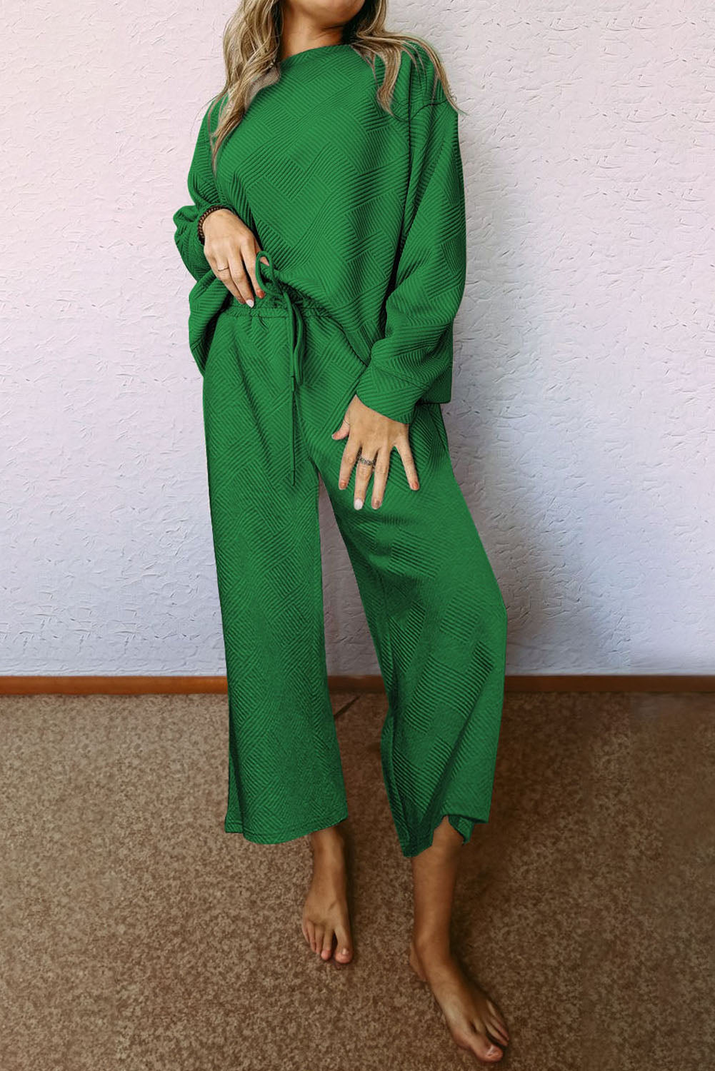 Strawberry Pink Textured Loose Slouchy Long Sleeve Top and Pants Set - Cowaa