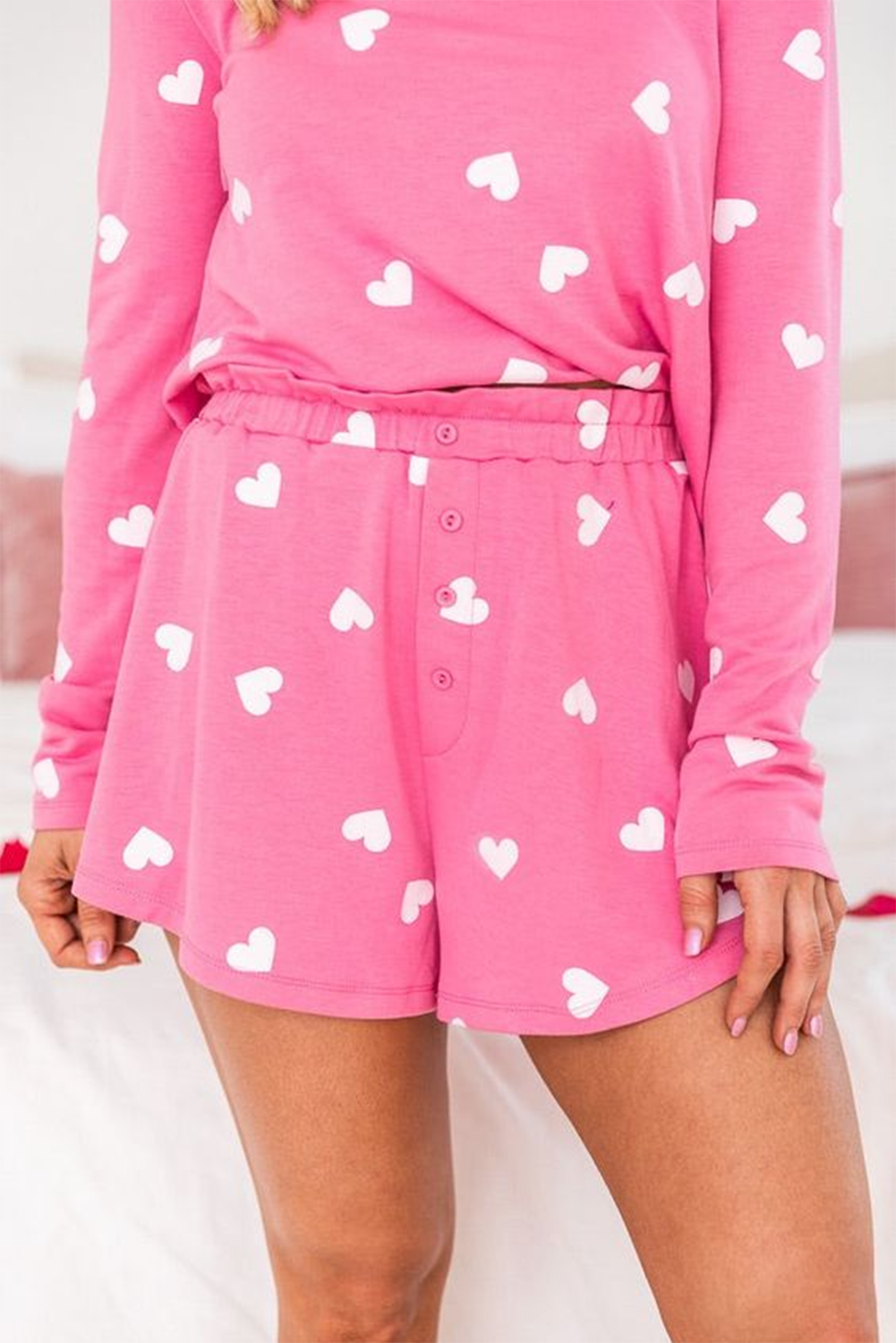 Pink Valentine Heart Print Long Sleeve Top and Shorts Pajama Set - Cowaa