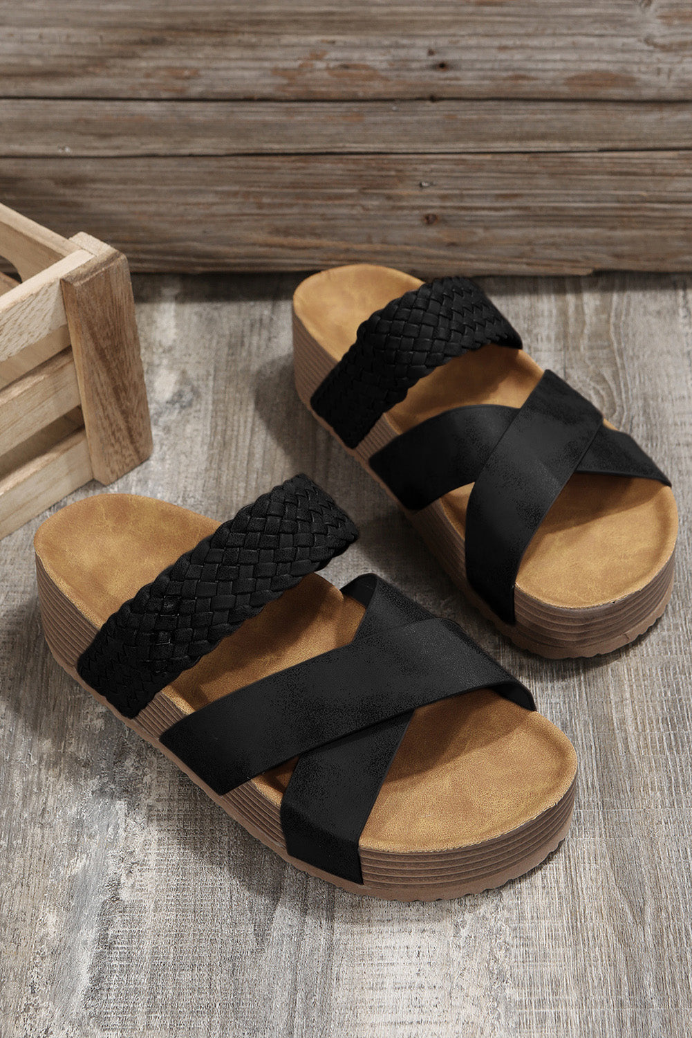 Beige Braided Detail Criss Cross Platform Sandals - Cowaa