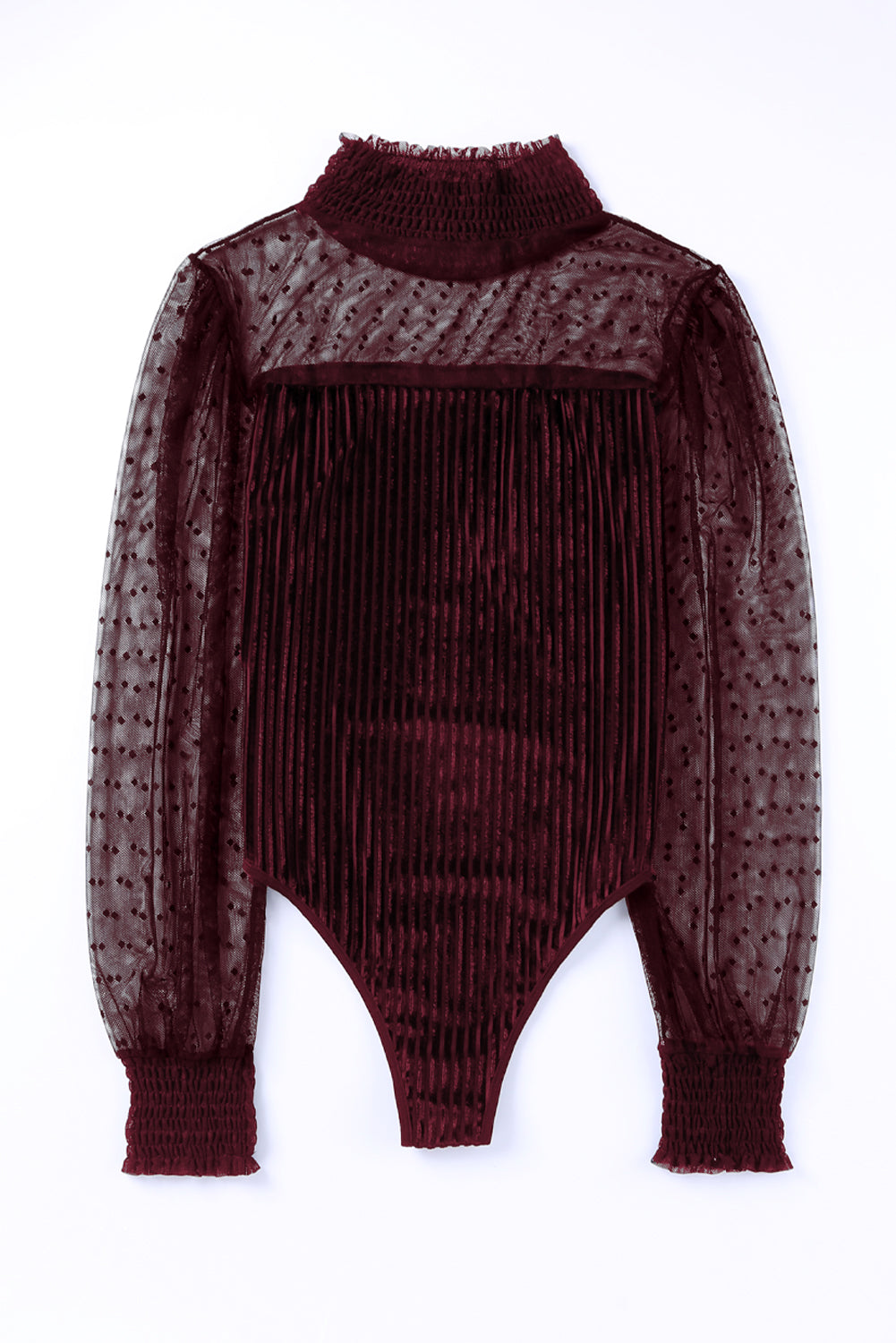 Sheer Dotty Puff Sleeve Ribbed Velvet Bodysuit - Cowaa