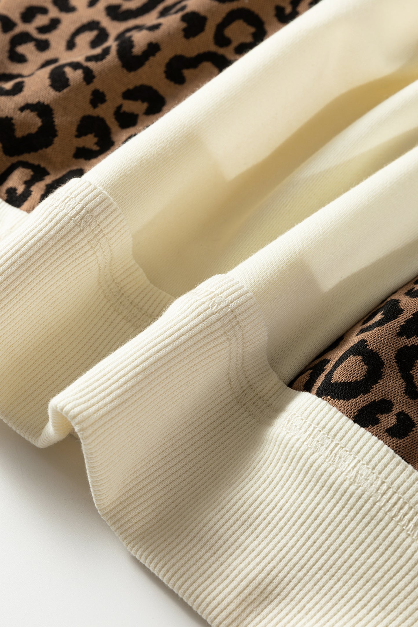 Beige Raw Seam Color Block Leopard Patchwork Baggy Long Sleeve Top - Cowaa