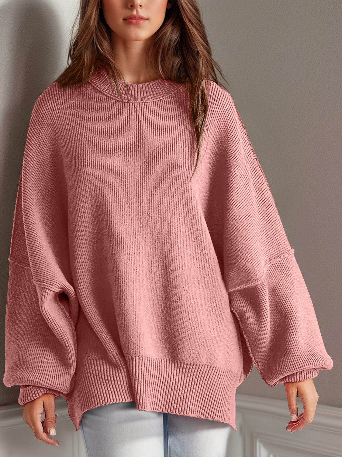 Double Take Side Slit Round Neck Long Sleeve Sweater - Cowaa
