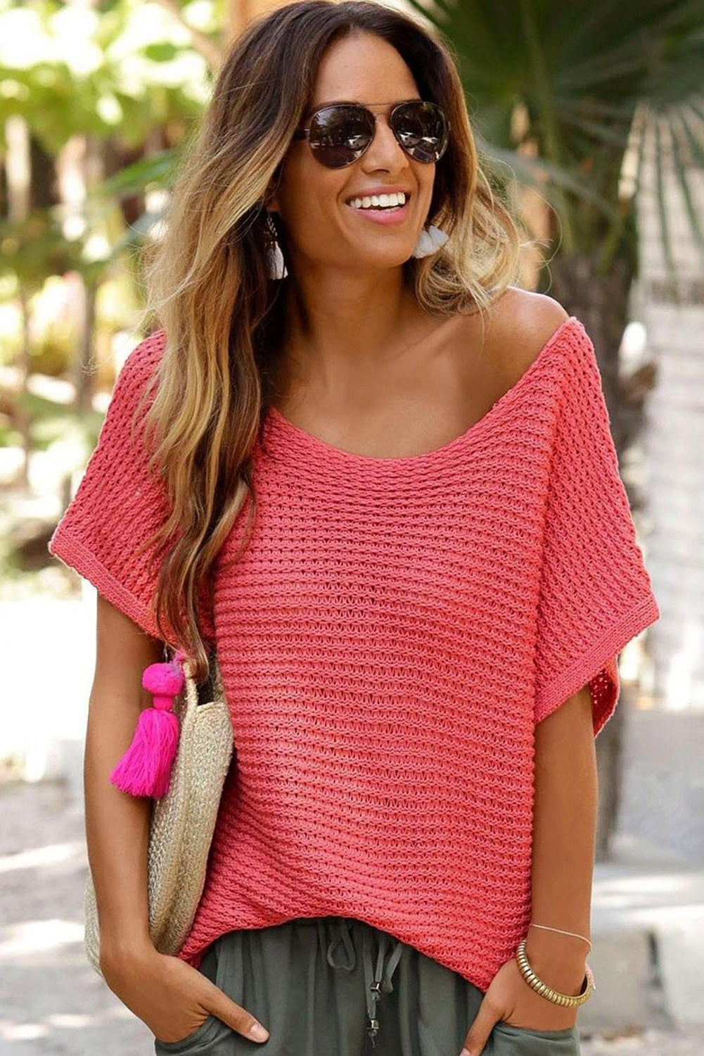 Pink Plain Knit Loose Batwing Sleeve Blouse - Cowaa