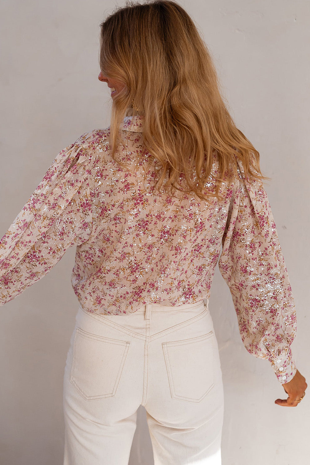 Pink Ditsy Floral Print Bishop Sleeve Collared V Neck Shirt - Cowaa