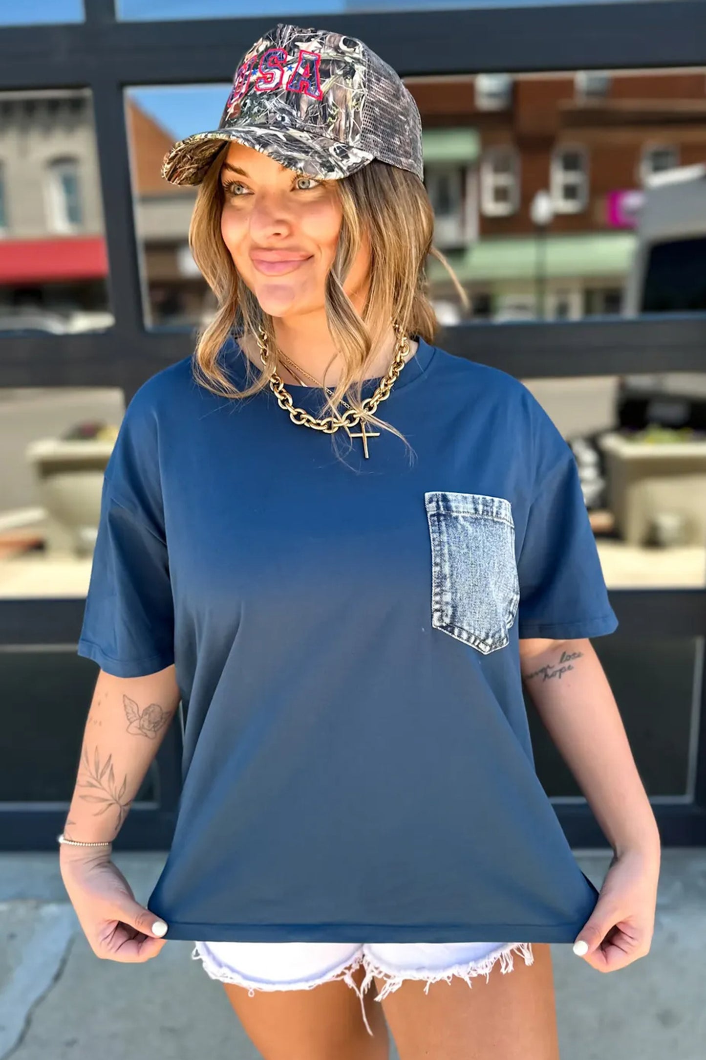 White Color Block Chest Pocket Patched Casual Short Sleeve Top