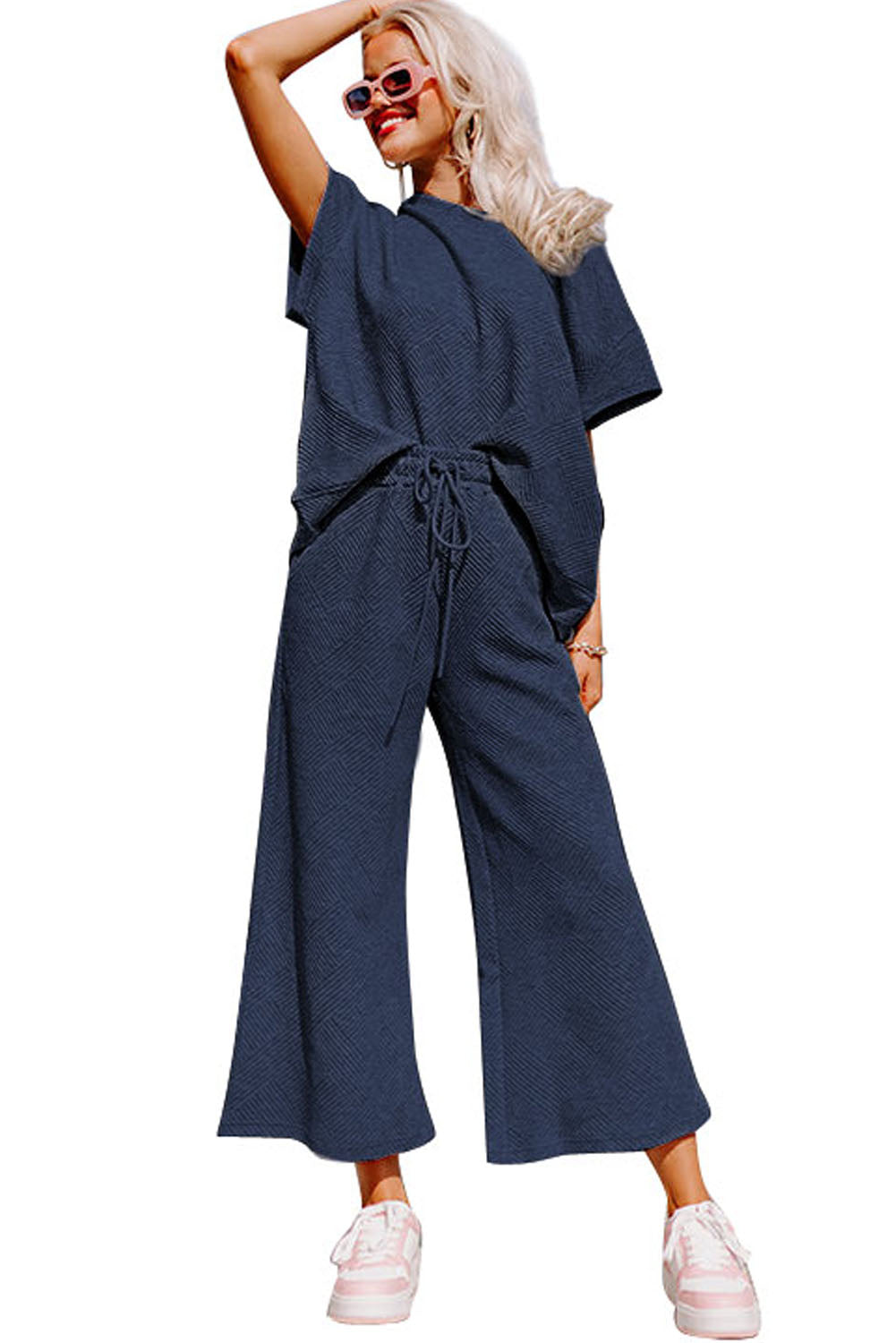 Navy Blue Textured Loose Fit T Shirt and Drawstring Pants Set - Cowaa