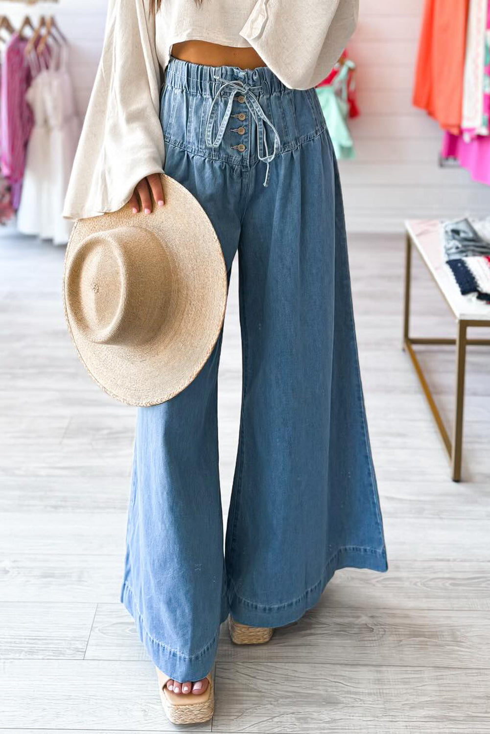 Dusk Blue Mineral Wash Button High Waist Wide Leg Jeans - Cowaa