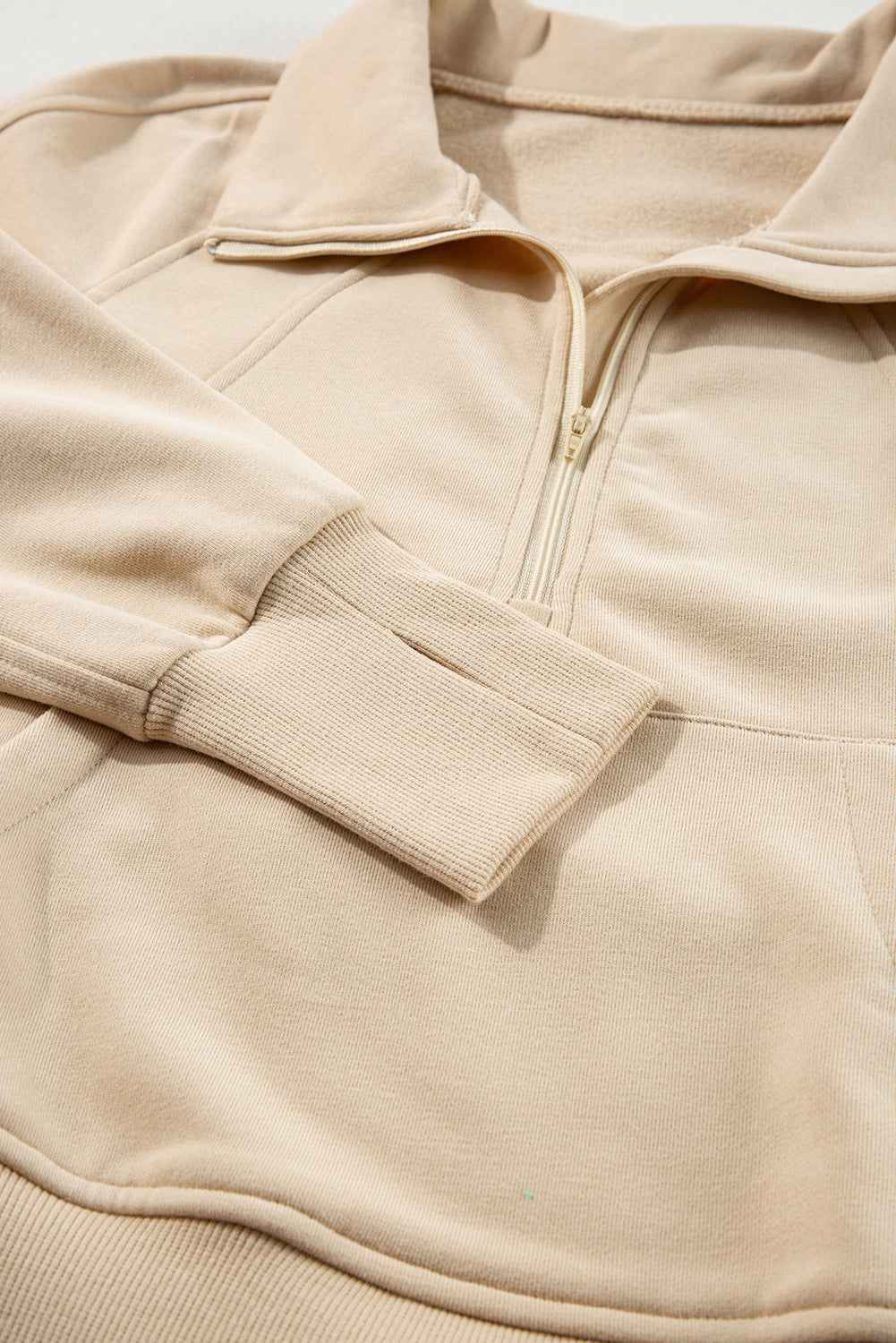 Brown Zip Up Stand Collar Thumbhole Sleeve Sweatshirt - Cowaa