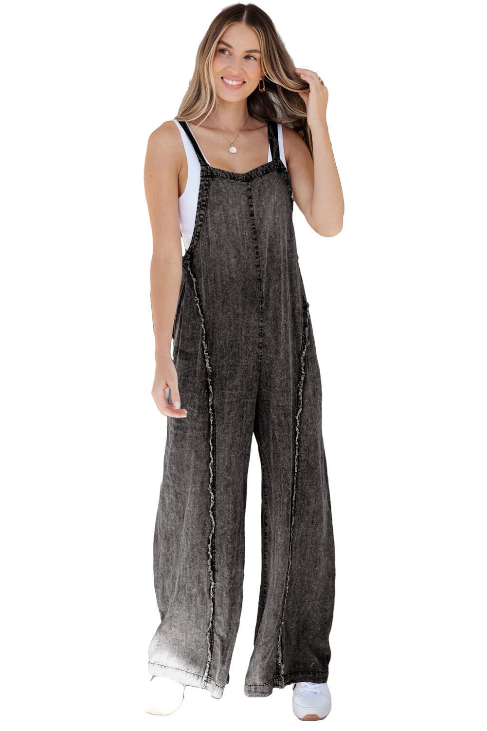 Blue Light Wash Frayed Exposed Seam Wide Leg Denim Overalls - Cowaa