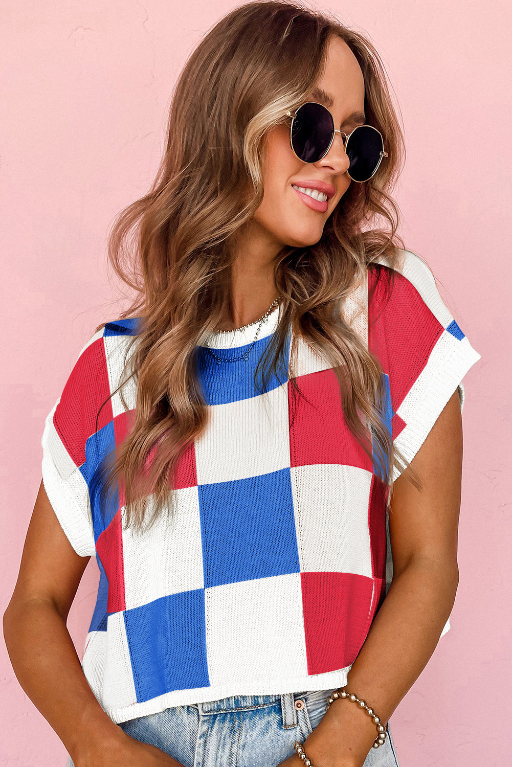 Fiery Red Checkered Color Block Cap Sleeve Knitted Top - Cowaa
