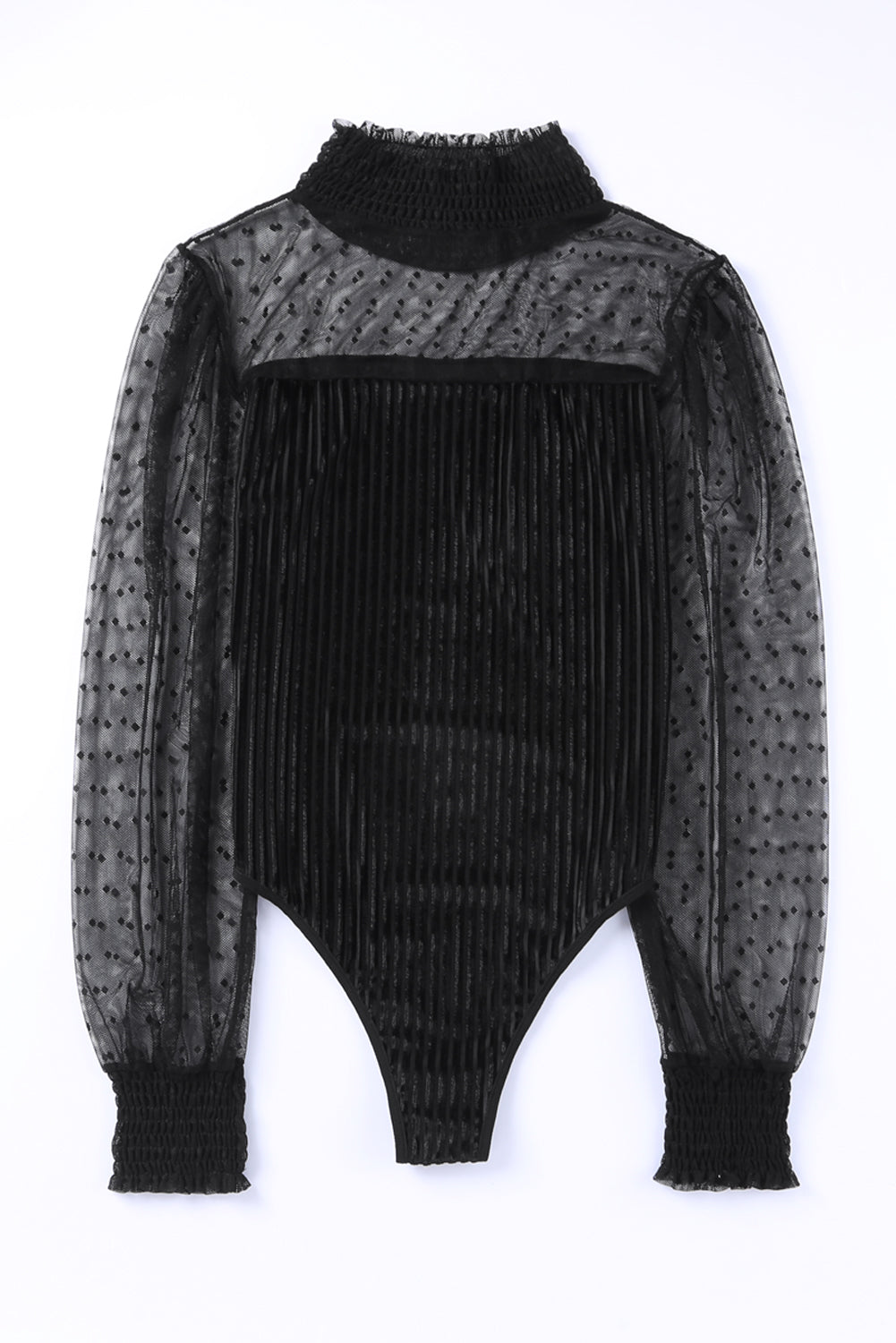 Sheer Dotty Puff Sleeve Ribbed Velvet Bodysuit - Cowaa