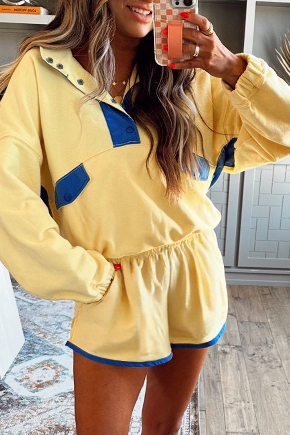 Red Dahlia Colorblock Patchwork Half Button Pullover and Shorts Outfit