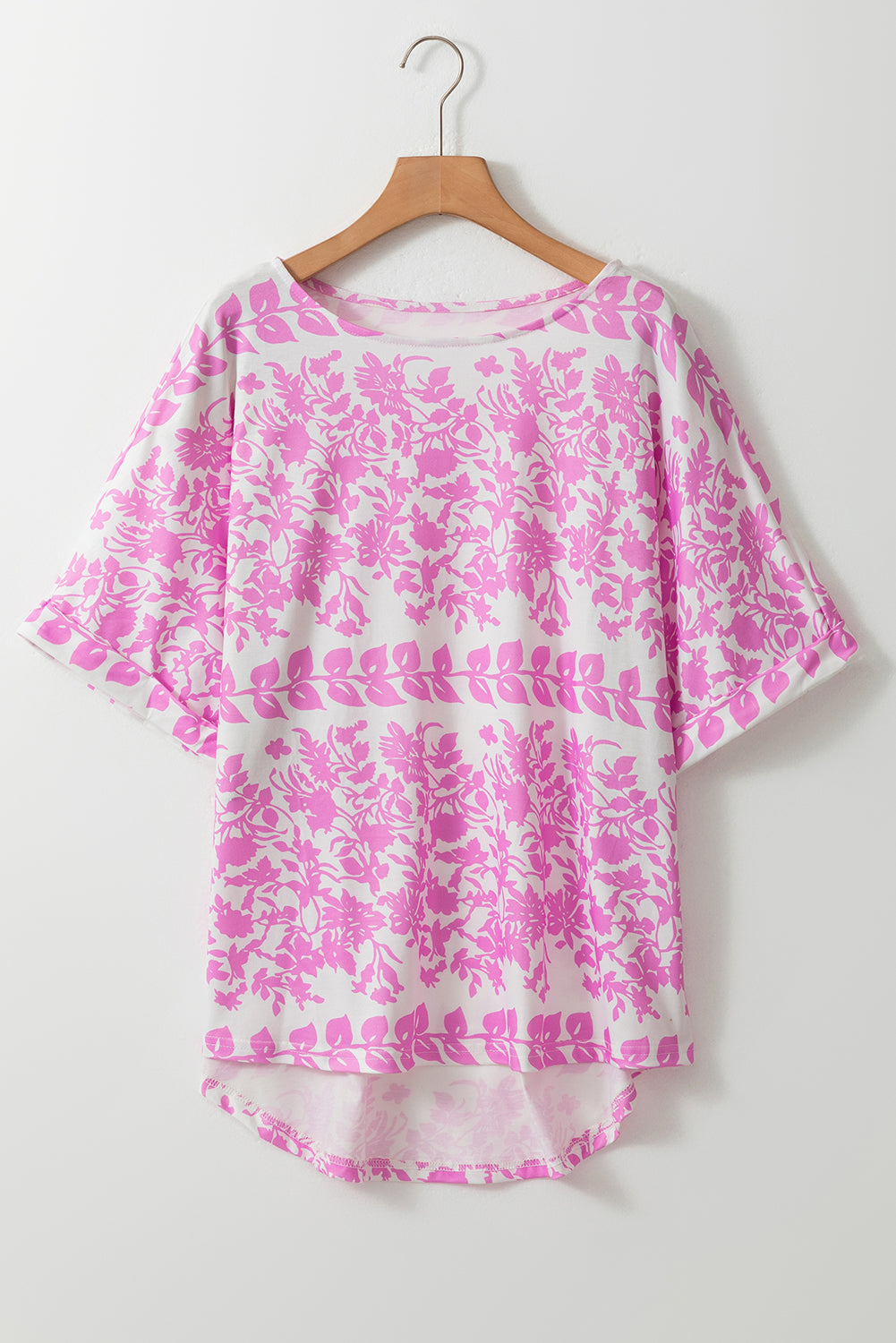 Pink Floral Printed Curved Hem Plus Size T Shirt